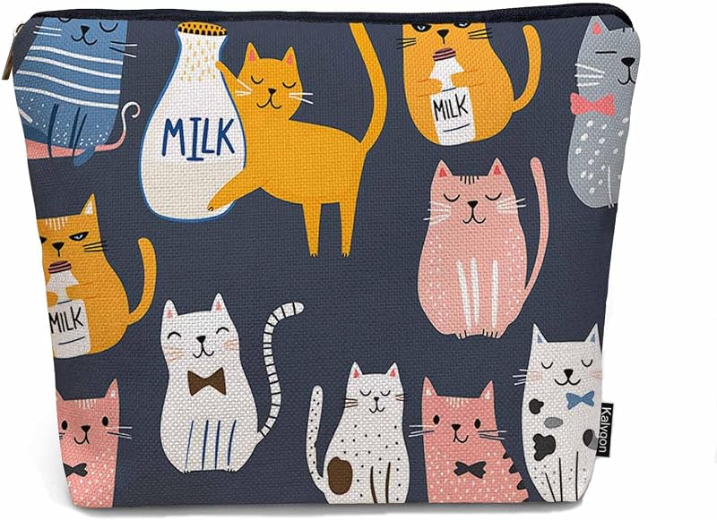 Necessaire Kalygon de Lin com Zíper e Estampa de Gatos, 23 x 18 x 0,5 cm
