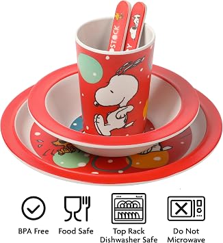 Peanuts Snoopy Fun Times 5-Piece Bamboo Melamine Dinnerware Set For Kids - Red