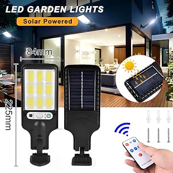 Jouis Solar Güneş Enerjili Sokak Lambası 120 LED - IP65 Su Geçirmez Uzaktan Kumandalı ve Hareket Sensörlü COB LED Dış Mekan Duvar Aydınlatması, Bahçe, Otopark ve Avlu Projektörü [Enerji Sınıfı A++]