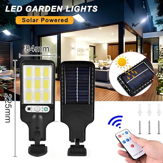 Jouis Solar Güneş Enerjili Sokak Lambası 120 LED - IP65 Su Geçirmez Uzaktan Kumandalı ve Hareket Sensörlü COB LED Dış Mekan Duvar Aydınlatması, Bahçe, Otopark ve Avlu Projektörü [Enerji Sınıfı A++]