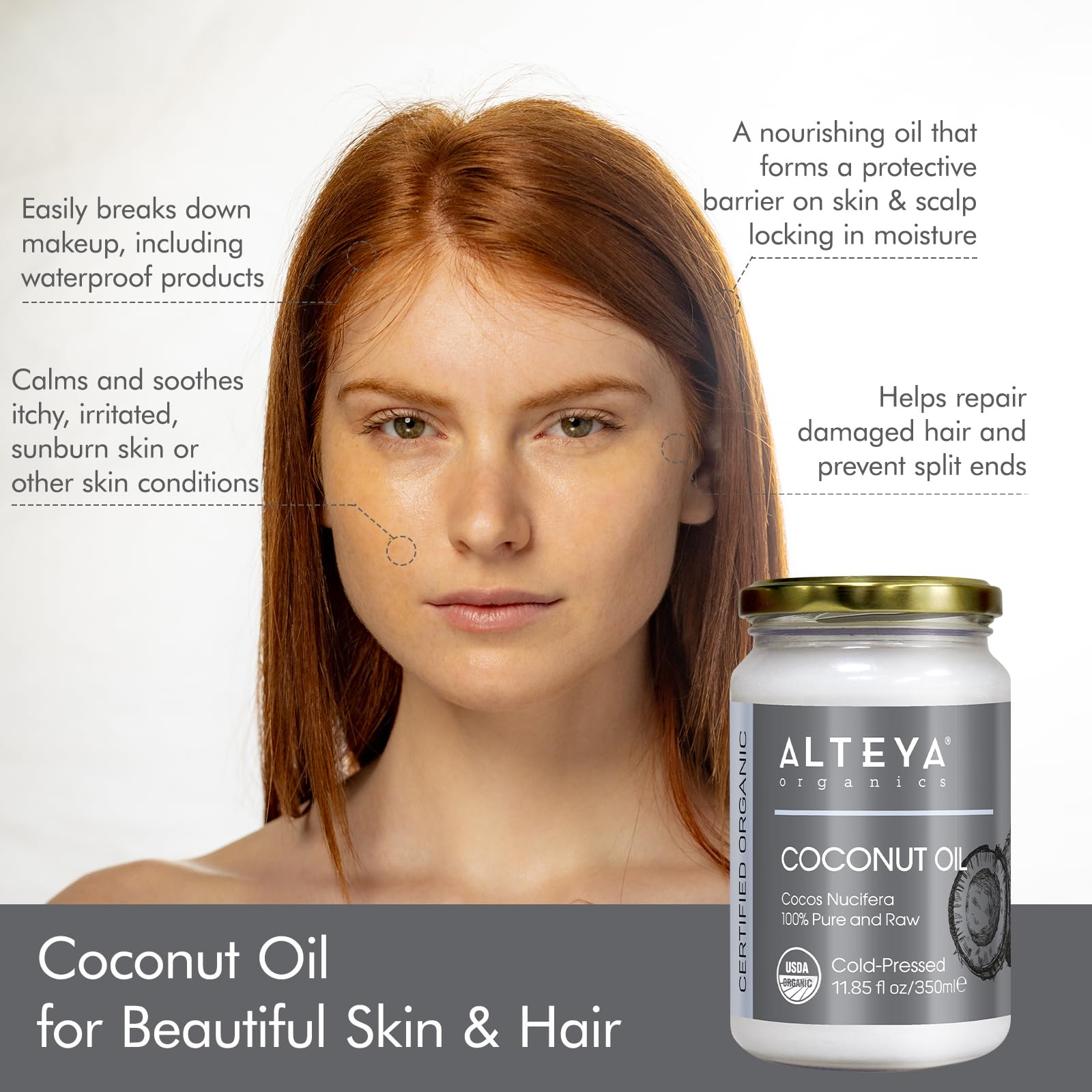 Alteya Aceite de Coco Crudo Virgen Extra Ecológico 350 ml - Aceite de coco 100% orgánico con certificado USDA, Cocos Nucifera puro y natural. País de origen Sri Lanka.
