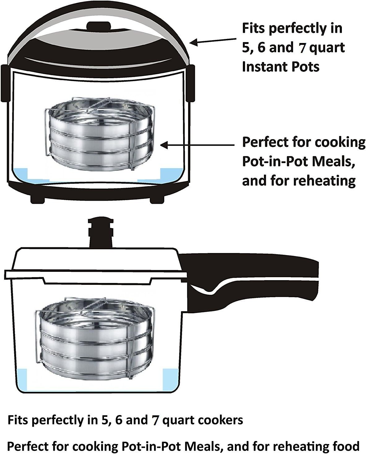 6 Quarts STEAMER INSERT Pan for IP ELECRIC PRESSURE COOKER or REGULAR PRESSURE COOKER ACCESSORIES With 3 insert pans & Vent Holes to Equalize Steam - Cook Vegetables, Meat, Fish, Rice
