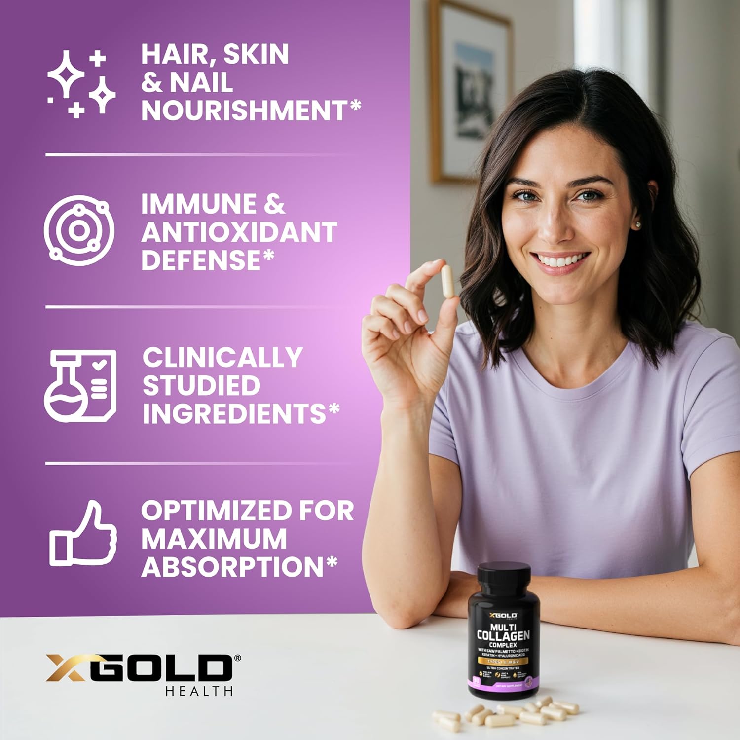 X Gold Health Collagen Complex, Types I, II, III, V, Biotin 10,000 mcg, Keratin, Hyaluronic Acid, Saw Palmetto, Vitamins C & E Advanced HSN Formula for Men & Women 90 Vegan Capsules