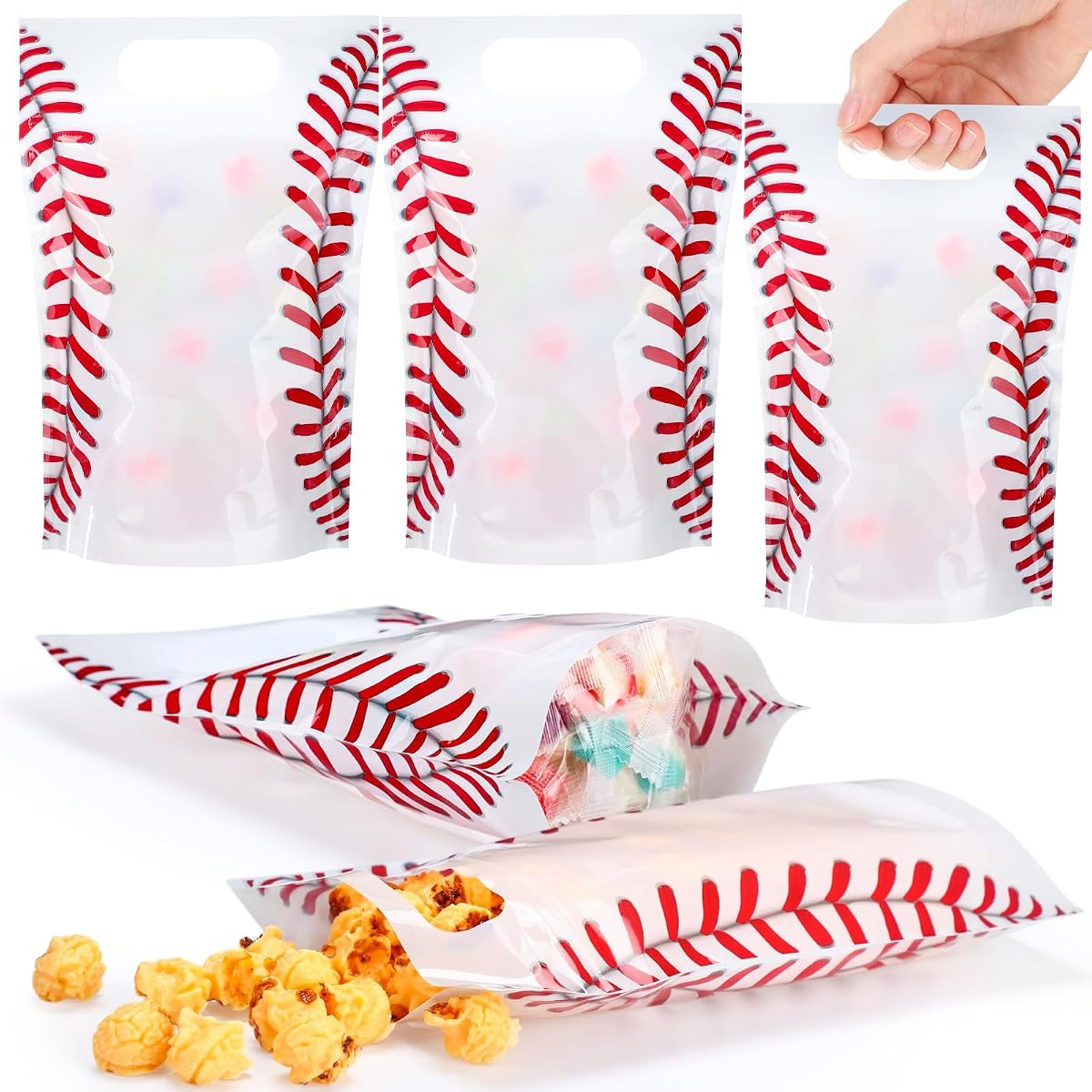 Blosssound 50 Pcs Baseball Goodie Bags Baseball Gift Bags with Handles Resealable Sport Plastic Snack Bag for Sports Theme Party Favors Birthday Party Candy Gift Wrap Supplies Decoration
