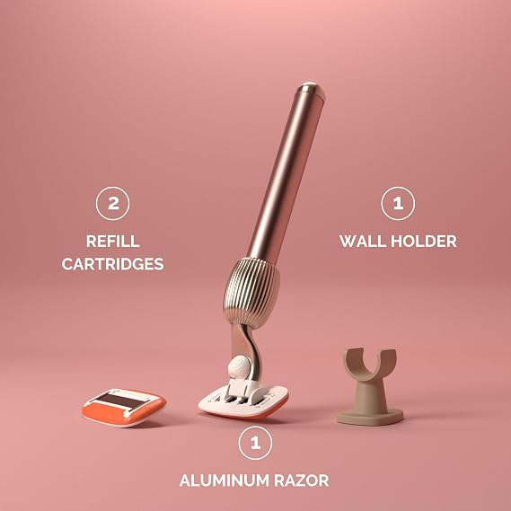 Fler The Razor Starter Set - 5 Blade Womens Razor with 2 Refill Blades and Wall Holder, Cartridge with Aloe Vera & Vitamin E lubricated ring - Unisex - Blush (Pink)