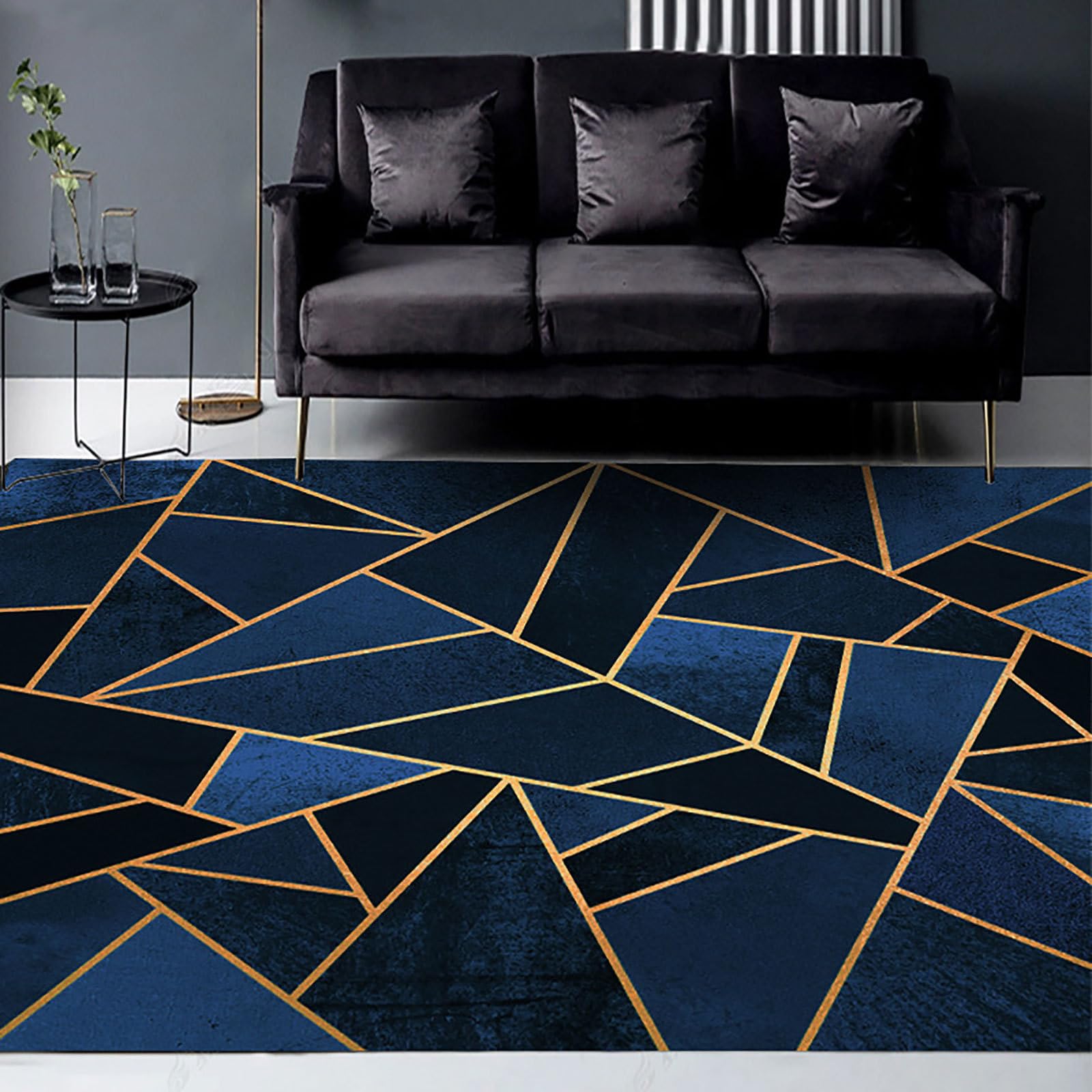 Tappeto Moderno Salotto Pelo Corto Tappeto 60 X 180 CMgeometrico nero blu scuro Grande, Antiscivolo, Lavabile, Cameretta dei Bambini, Soggiorno 60x180cm