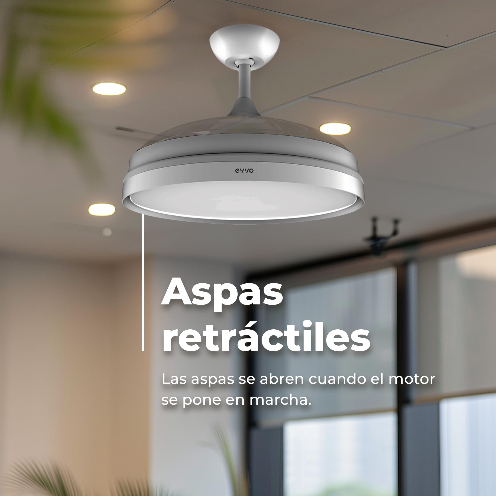 EVVO Ventilador de Techo con Aspas Rectráctiles y Luz, Ø107cm, 3 Aspas, Motor DC 40W, 6 Velocidades, Temporizador hasta 4h, Función Invierno-Verano (Modelo: V450 Invisible White)