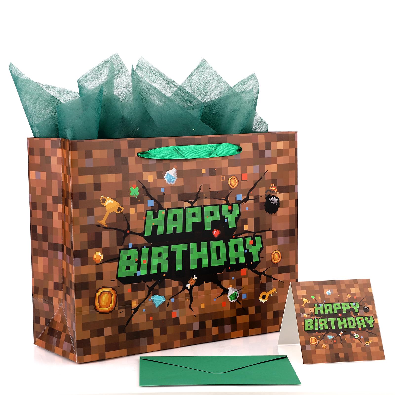 Pixel Birthday Gift Bag, Video Game Theme Party Favor Bag with Greeting Card & Envelope for Birthday Holiday Decoration Party Supplies
