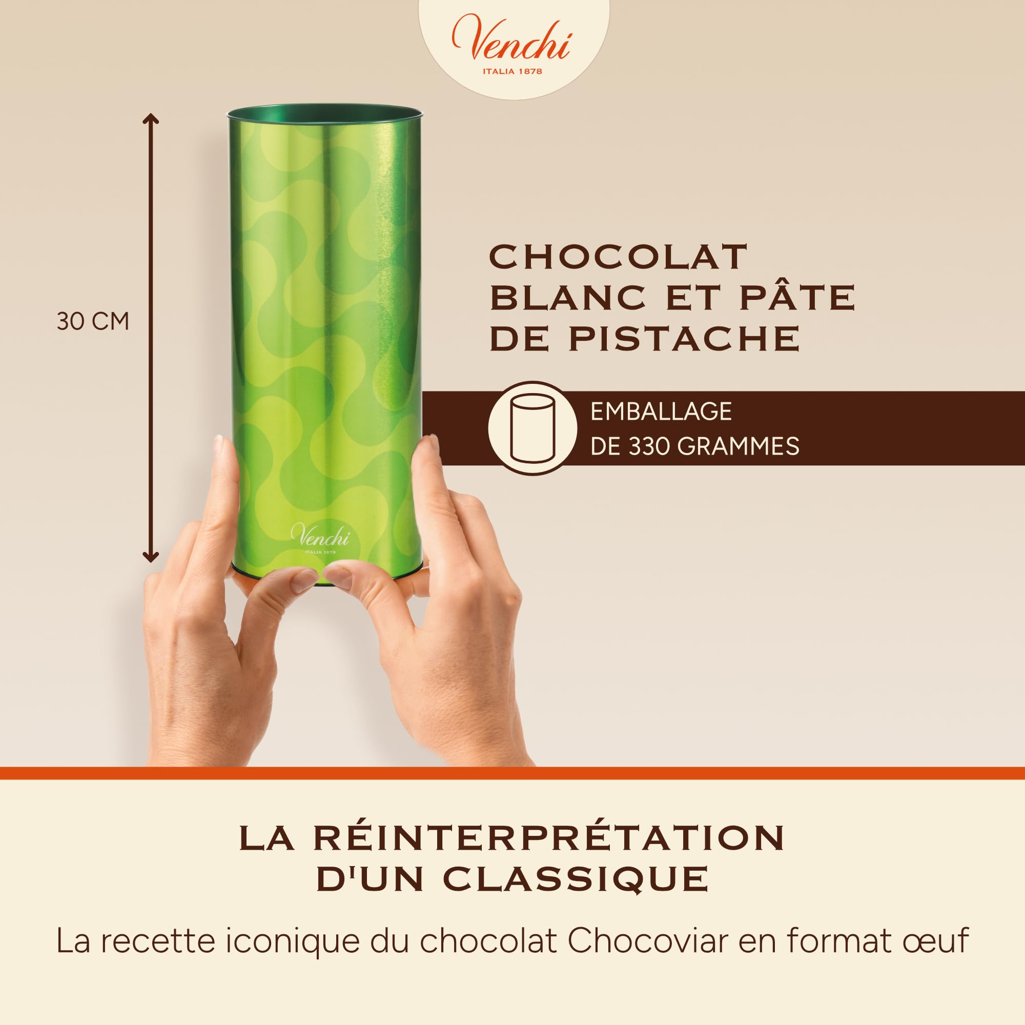 Venchi - Œuf au Chocolat Chocoviar Pistache, 330 Gr, Goût Chocolat Blanc et Pâte de Pistache, Sans Gluten, avec Surprise, Collection de Pâques Venchi, Idée Cadeau