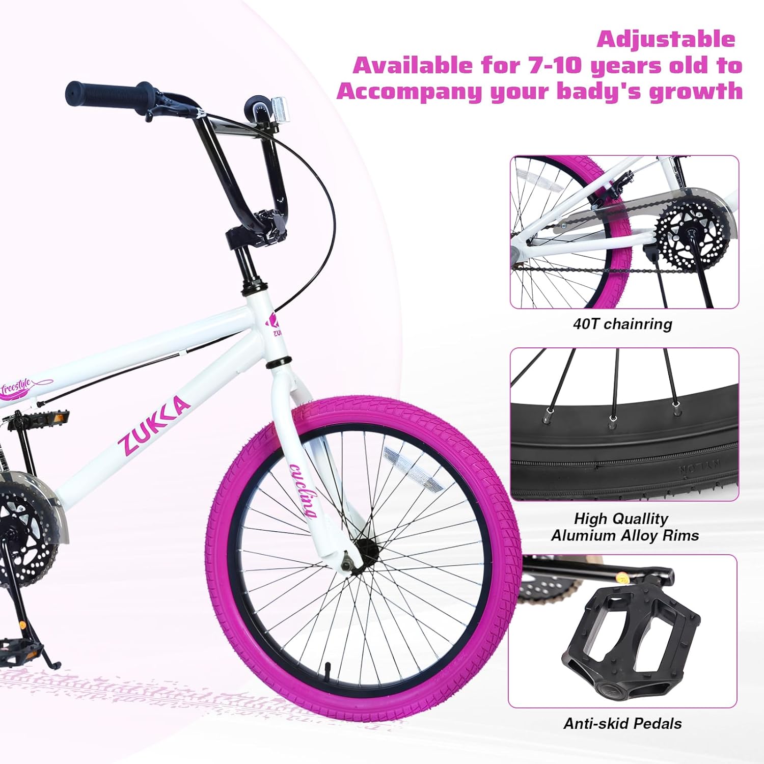 BMX Style 20 Inch Kids Bike for Boys/Girls Bicycle Ages 7-10 Years Old,1 Speed,Kids Cycle Bikes from Beginner-Level BMX to Advanced Riders with 2 Pegs,Rear Caliper Brakes，Durable Steel Frame，3 Colors