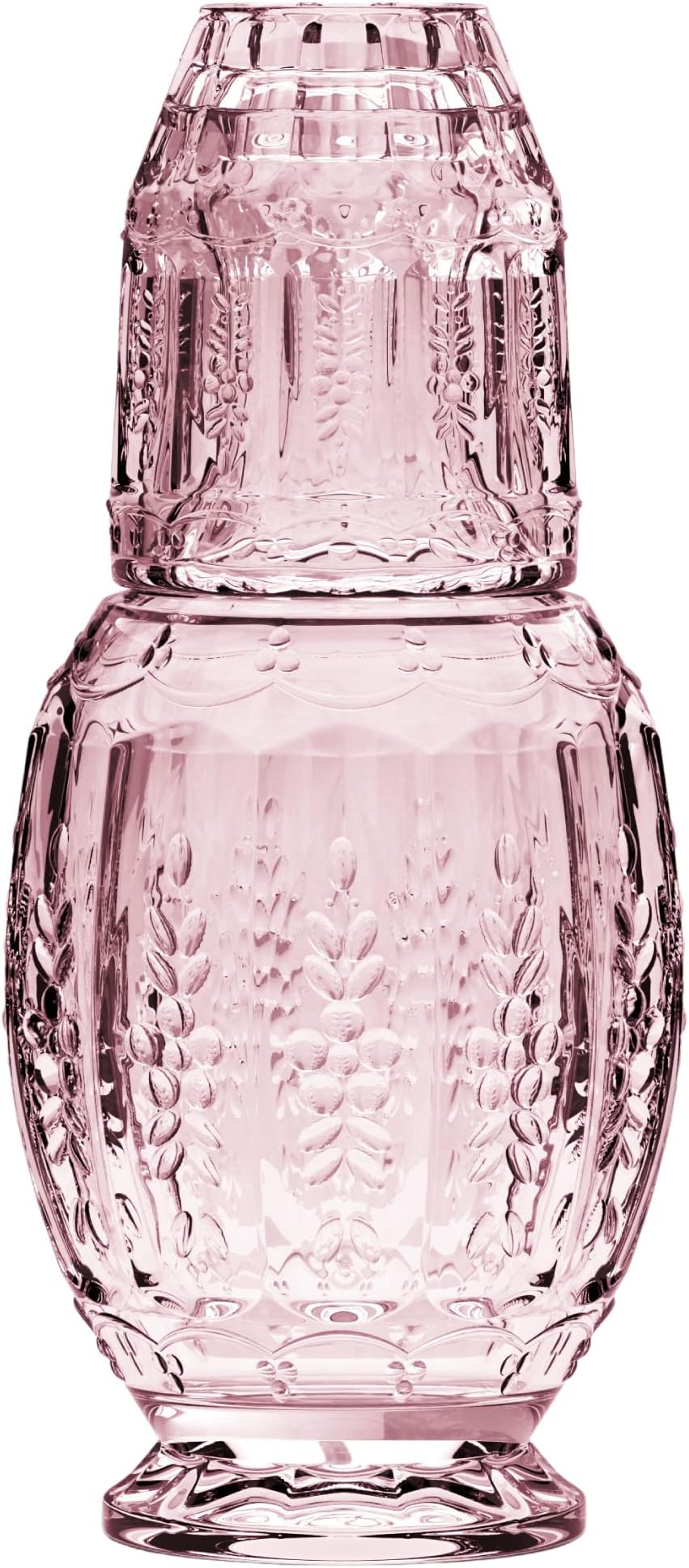 Elle Décor Vintage Bedside Water Carafe with Tumbler – Elegant Pitcher and Matching Drinking Glass Doubles As Lid for Guest Room, Office-Makes A Gift, 4.7x10.4, Pink