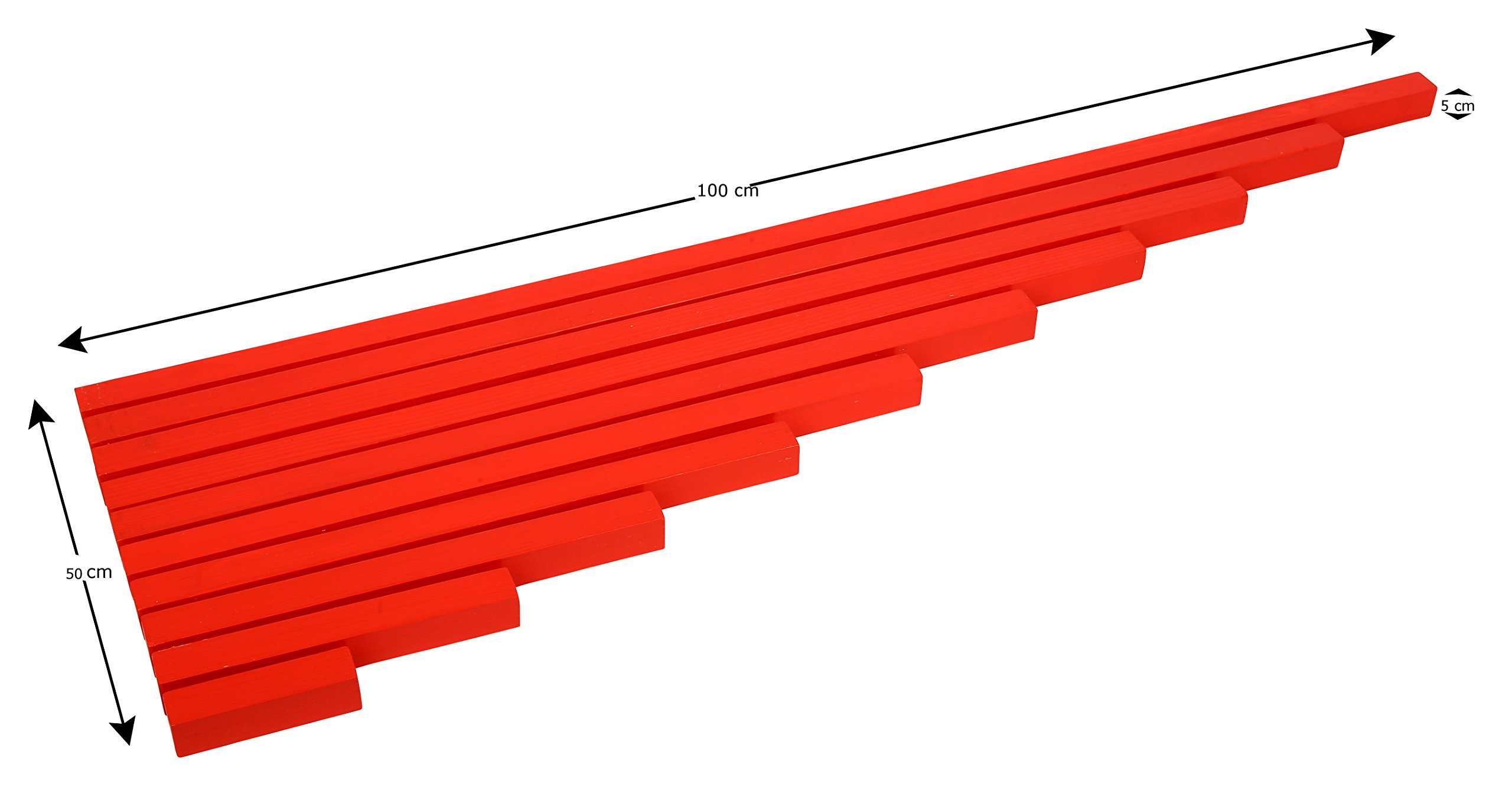 edu fun 91110 Montessori Red Long Rods Holz Stangen rot mit Aufbewahrungsständer pädagögisches Lernspielzeug für Kinder ab 3 Jahren 10 längliche Holzstangen von 10 cm - 100 cm Holzspielzeug