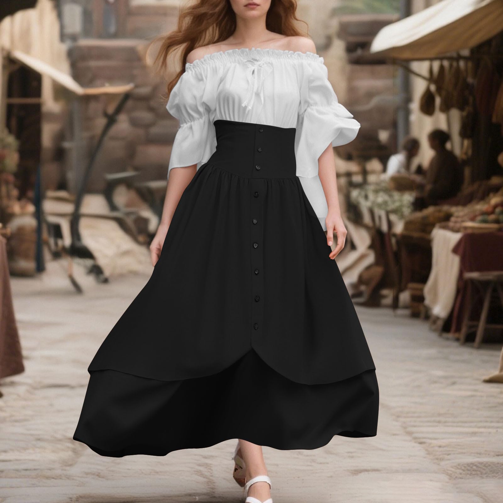 Mittelalter Kleidung Renaissance Kleid Retro Gothic Cosplay Outfit Maxi | Corsagenkleid, Hohe Taille Kostüm, Figurbetontes Kleid, Viktorianisches,Königinnenkleid, Knöpfen, Karneval Halloween Kostüm