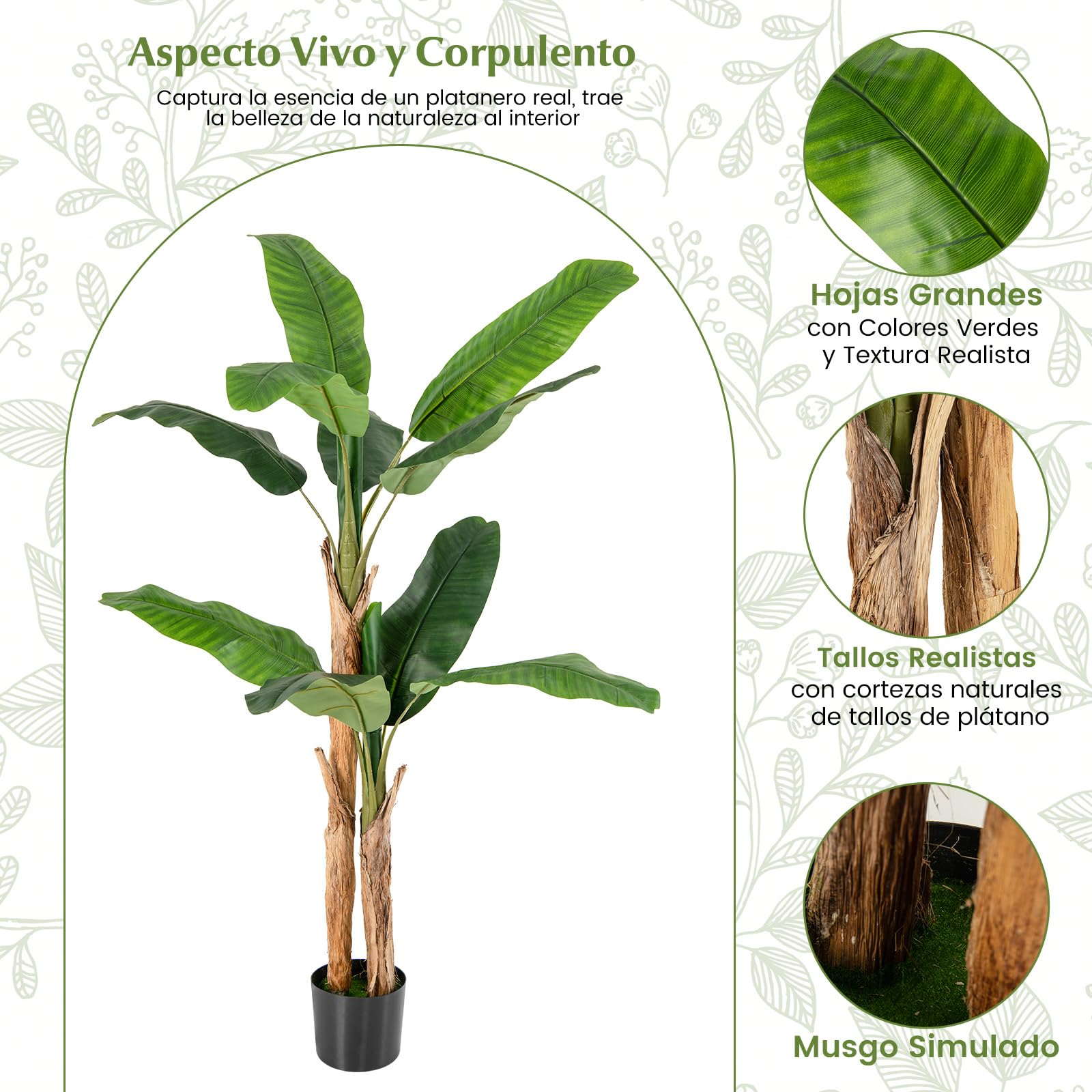 COSTWAY Plátano Artificial, Platanera Artificial con 27 Hojas Grandes y Macetero, Platanera Decorativa para Oficina Terraza Jardín Salón Hogar, Planta Artificial, Verde (165 cm)