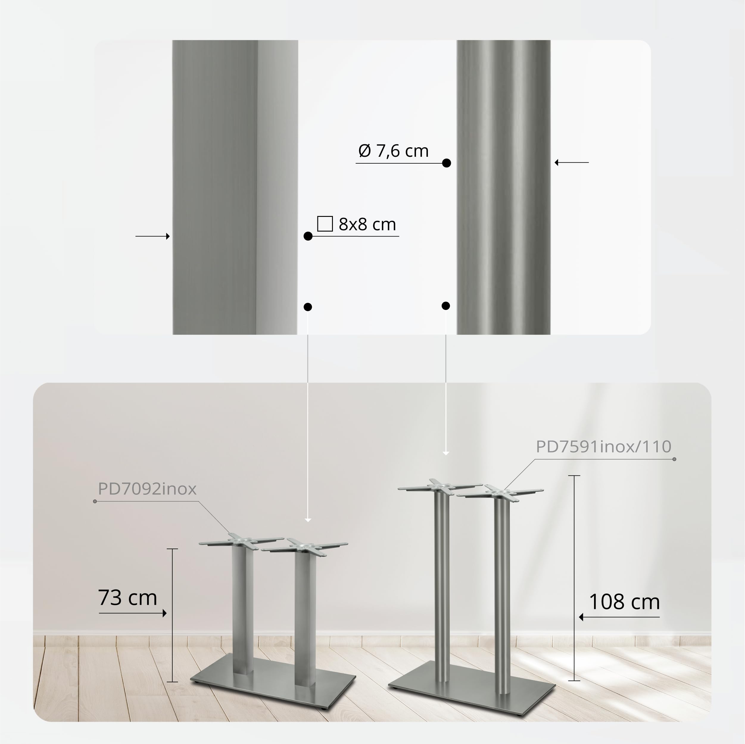 Doppel-Tischgestell Tischbein Edelstahl | Premium | PD7092inox | INOX | Esstisch | Höhe 73 cm | 31 kg | Bodenplatte 70x45 cm | max. Tischplattengröße 160x80 cm