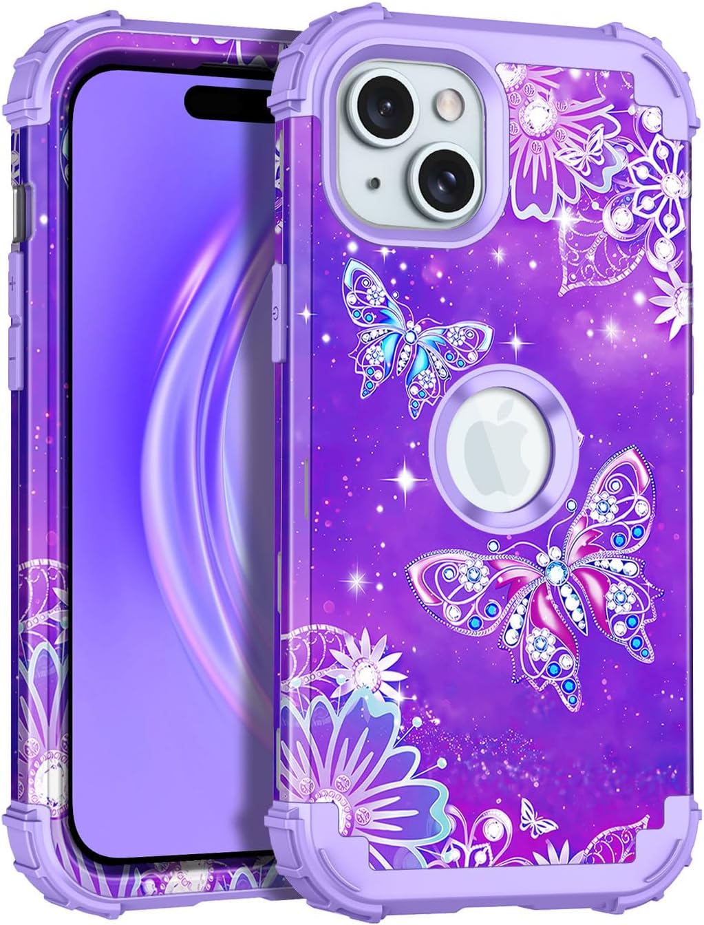 RancaseRancase for iPhone 15 Plus Case,Shockproof Three Layer Heavy Duty Soft Silicone Rubber Bumper+Hard Plastic Hybrid Full Protective Girls Women Cover for Apple iPhone 15 Plus 6.7 inch,Purple Butterfly