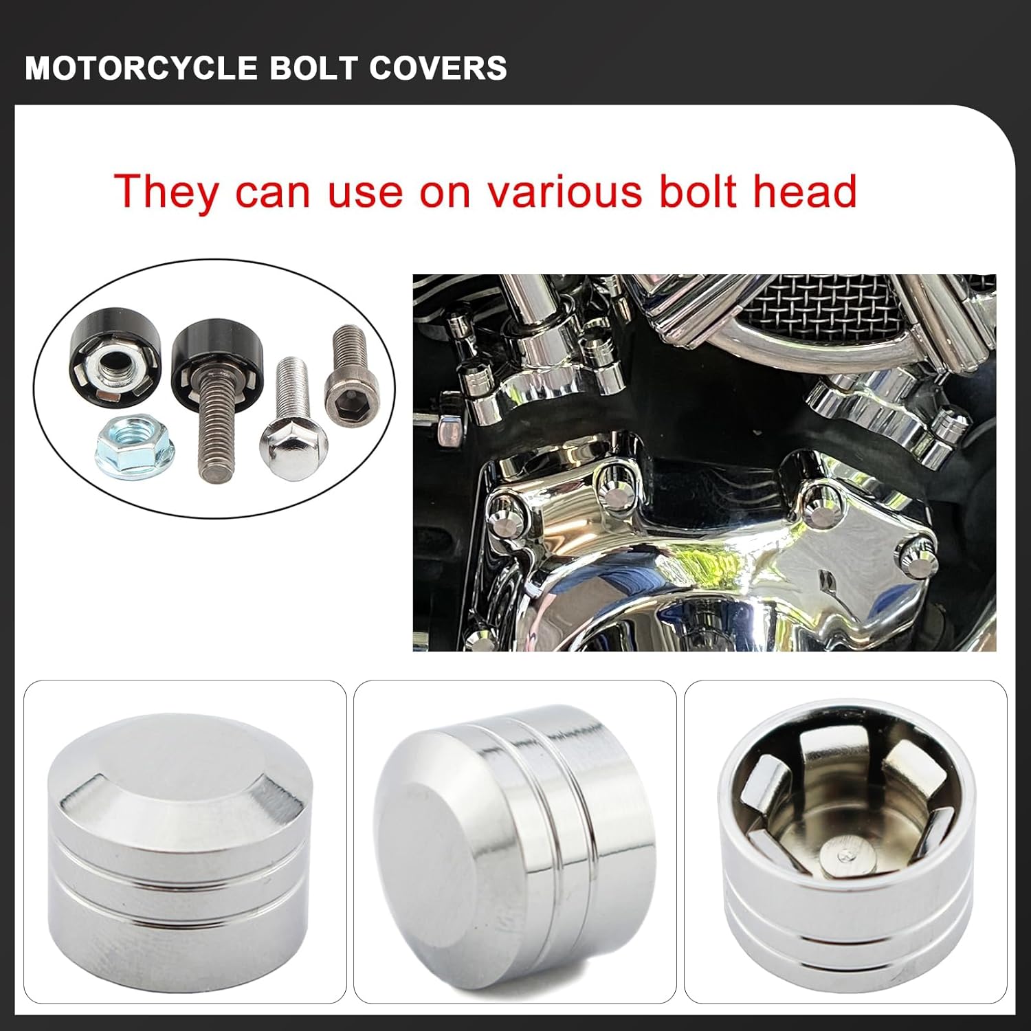 Motorcycle Bolt Covers Head Bolts Engine Toppers Caps Kit for Harley 2017-2025 Touring Road King Street Glide Electra Road Glides 2018-2025 Softail Fatbob Breakout (Chrome)