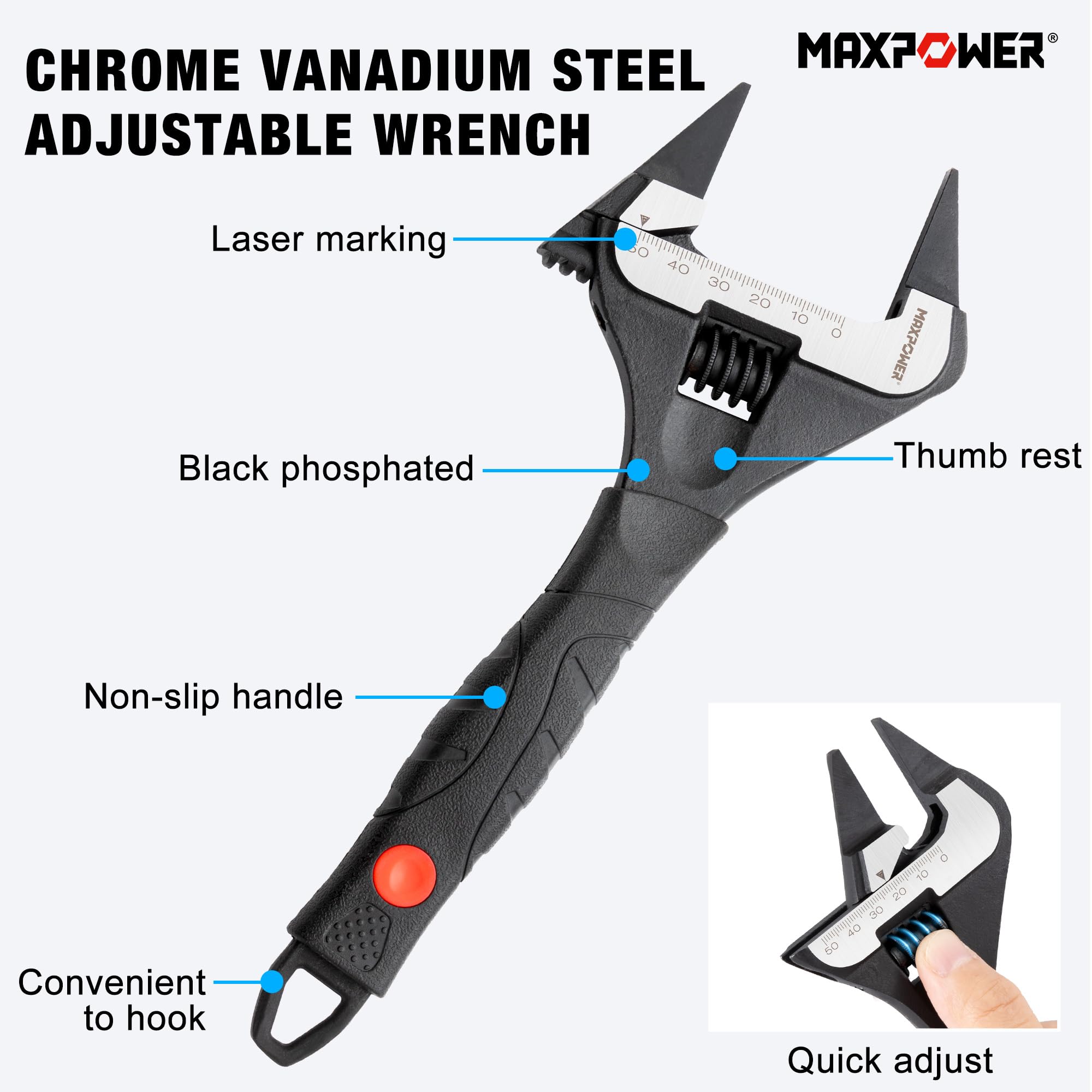 MAXPOWER Llave ajustable de mandíbula delgada, juego de llaves ajustables de apertura ancha de 2 piezas, llaves ajustables de 6 y 10 pulgadas, mandíbula fina, mango de agarre suave