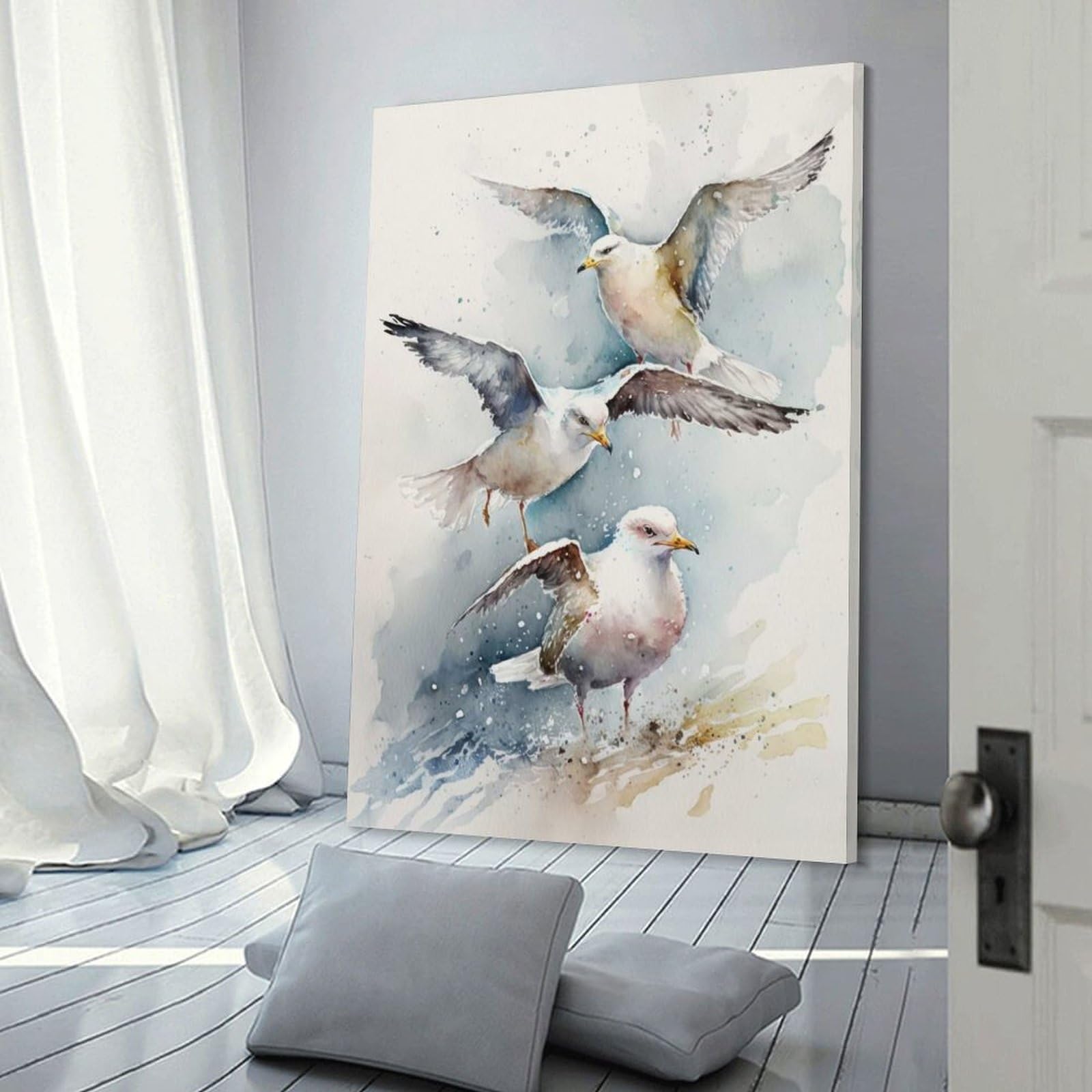 Junmoney Frame-Watercolor Seagulls Watercolor Seagulls Canvas Art Print 12X18inch(30X45cm), For New Homes, Bedrooms Or Workspaces, Gift Idea For Housewarming And Birthdays