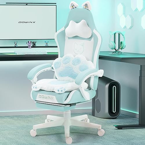 Dowinx Gaming Chair Cute with Cat Ears and Paw Lumbar, Ergonomic Computer Chair for Girl with Footrest and Headrest, Comfortable Reclining Game Chair 291lbs for Adult, Teen, Blue Green - Blue - Cat Paw Cushion
