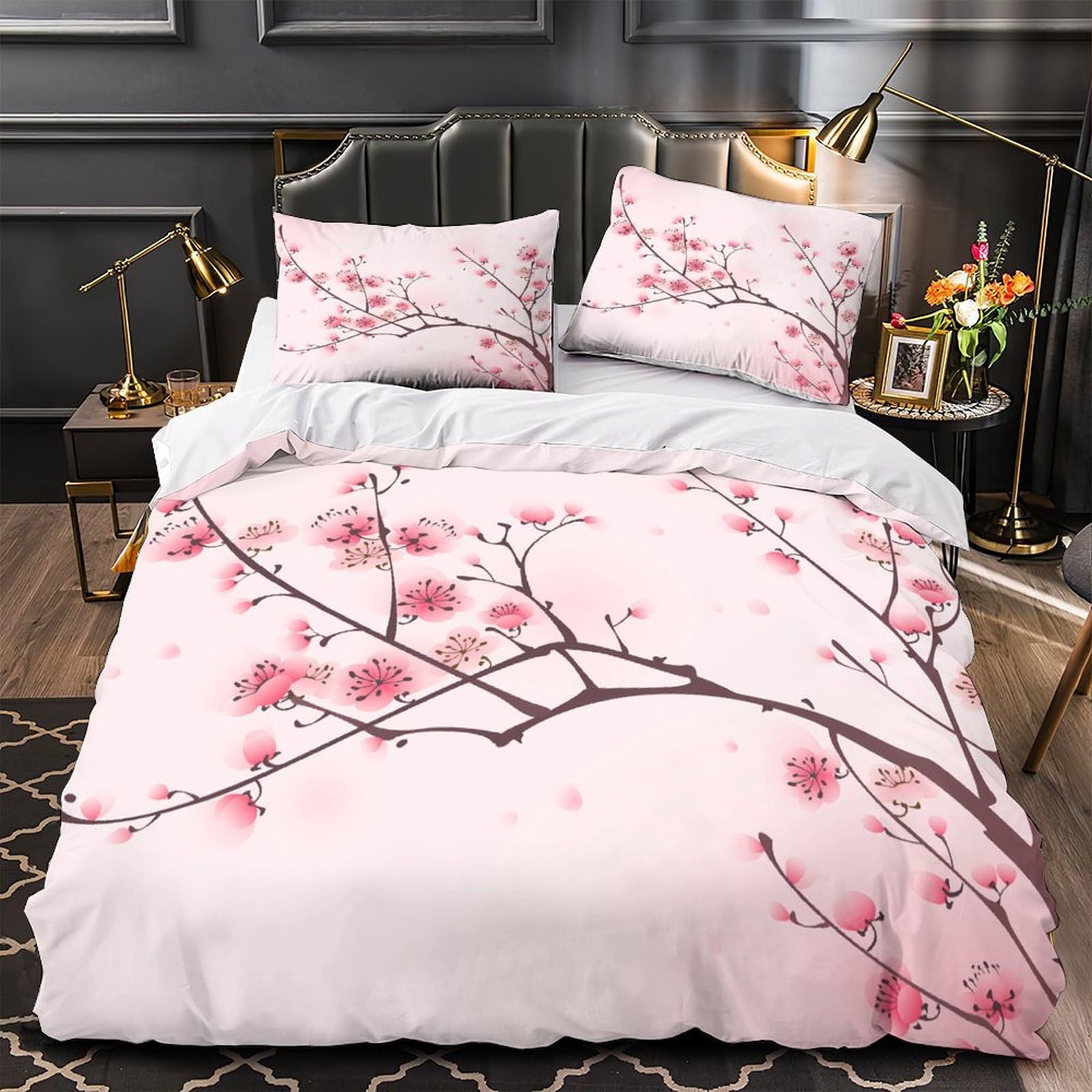 Parure de lit fleurs de cerisier 200x200 avec housse de couette microfibre et taies d'oreiller
