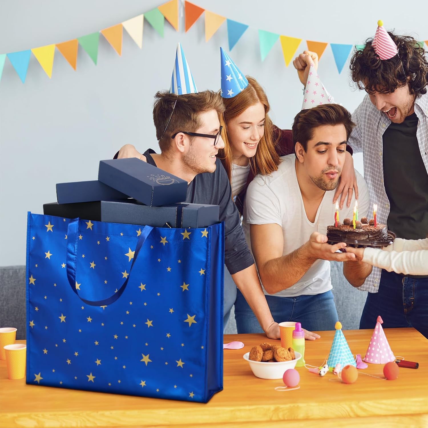 Kajaia 4 Pcs 20 x 16 Inch Extra Large Party Gift Bags for Men Jumbo Gold Stamping Large Tote Bag with Handles Reusable Non Woven Gift Wrap for Father's Day Baby Shower Party Favor Supplies - Image 7