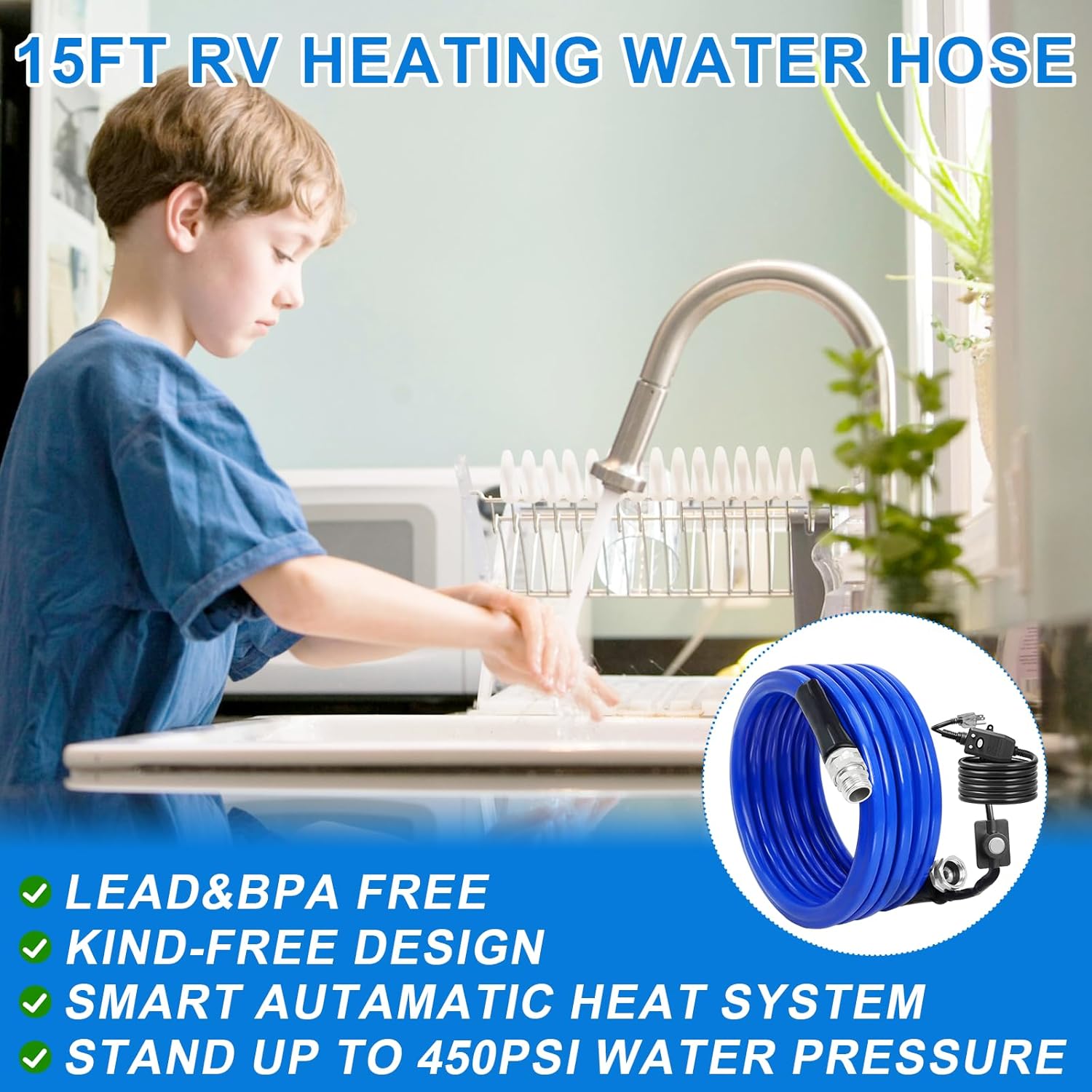15FT Heated Water Hose for RV, -45°F Freeze-Proof Drinking Water Hose with Thermostat, 5/8" ID, BPA-Free Lead-Free, Flexible Winter Antifreeze Hose for RV, Camping, Garden