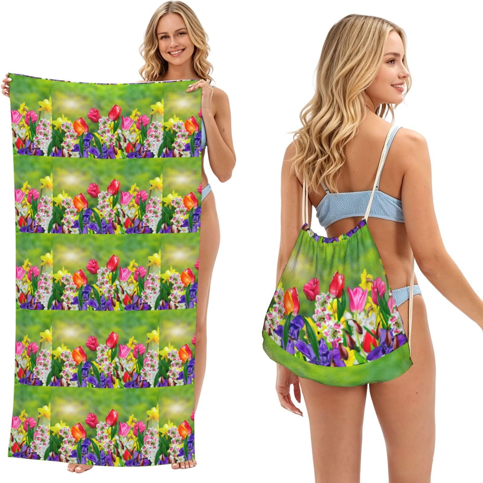 Poadnly As Picture Spring Flowers Daffodils, 2 In 1 Packable Towel Bag, Beach Towels With Drawstring Backpack For Travel Holiday Camping