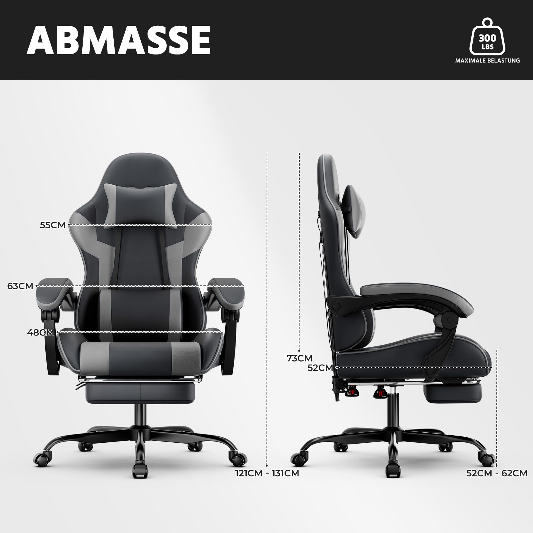 Chaise de gaming ergonomique avec repose-pieds, accoudoirs réglables, chaise de bureau, ergonomique, avec support lombaire - Noir/gris (gris)