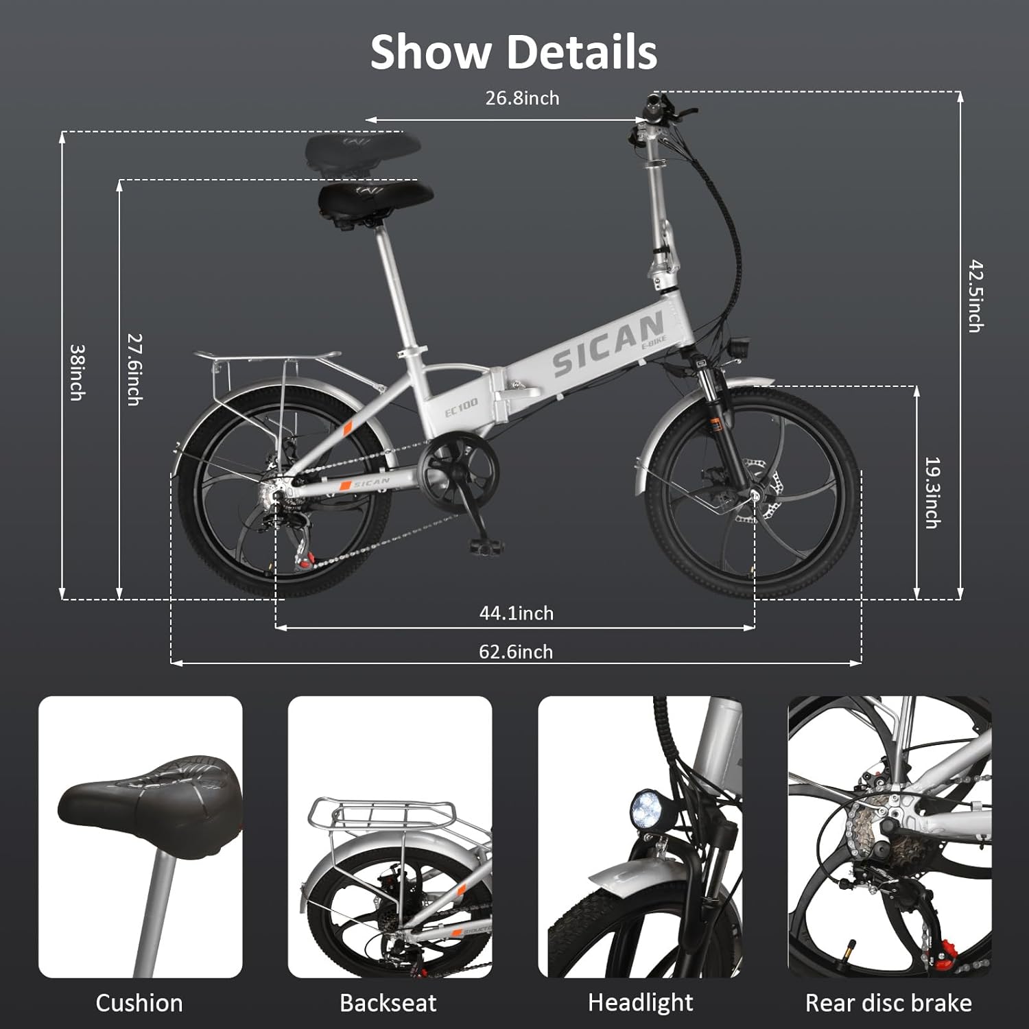 Folding Electric Bike for Adults, Electric Bicycle with Removable Battery,50 Mile Range,1000W Peak Motor, Shock Absorber, Disc Brake, 20" Tires