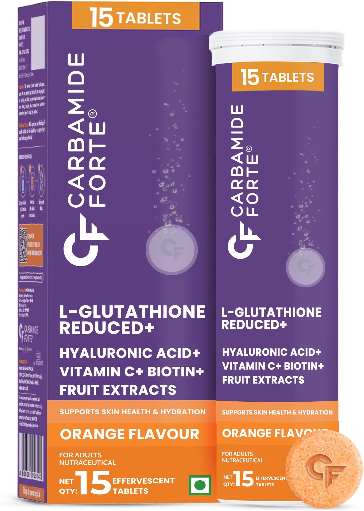 Carbamide Forte Glutathione Effervescent | Japanese Reduced L Glutathione 600mg with Vitamin C, Hyaluronic Acid, Vitamin E & Biotin - 15 Effervescent Tablets