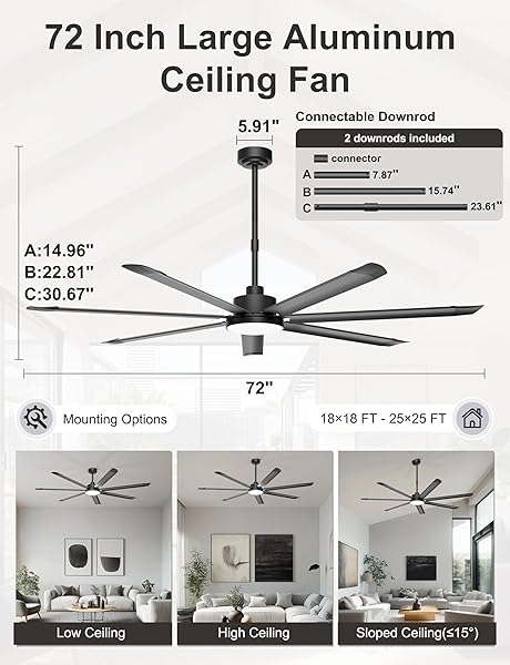 Ohniyou Ventilador de Techo de 182 cm con Luz, Ventiladores de Techo Industrial Grande con Control Remoto/APP, 7 Aspas de Aluminio, Motor DC Silencioso, Ventilador para Terraza Exterior, Garaje, Negro - 4