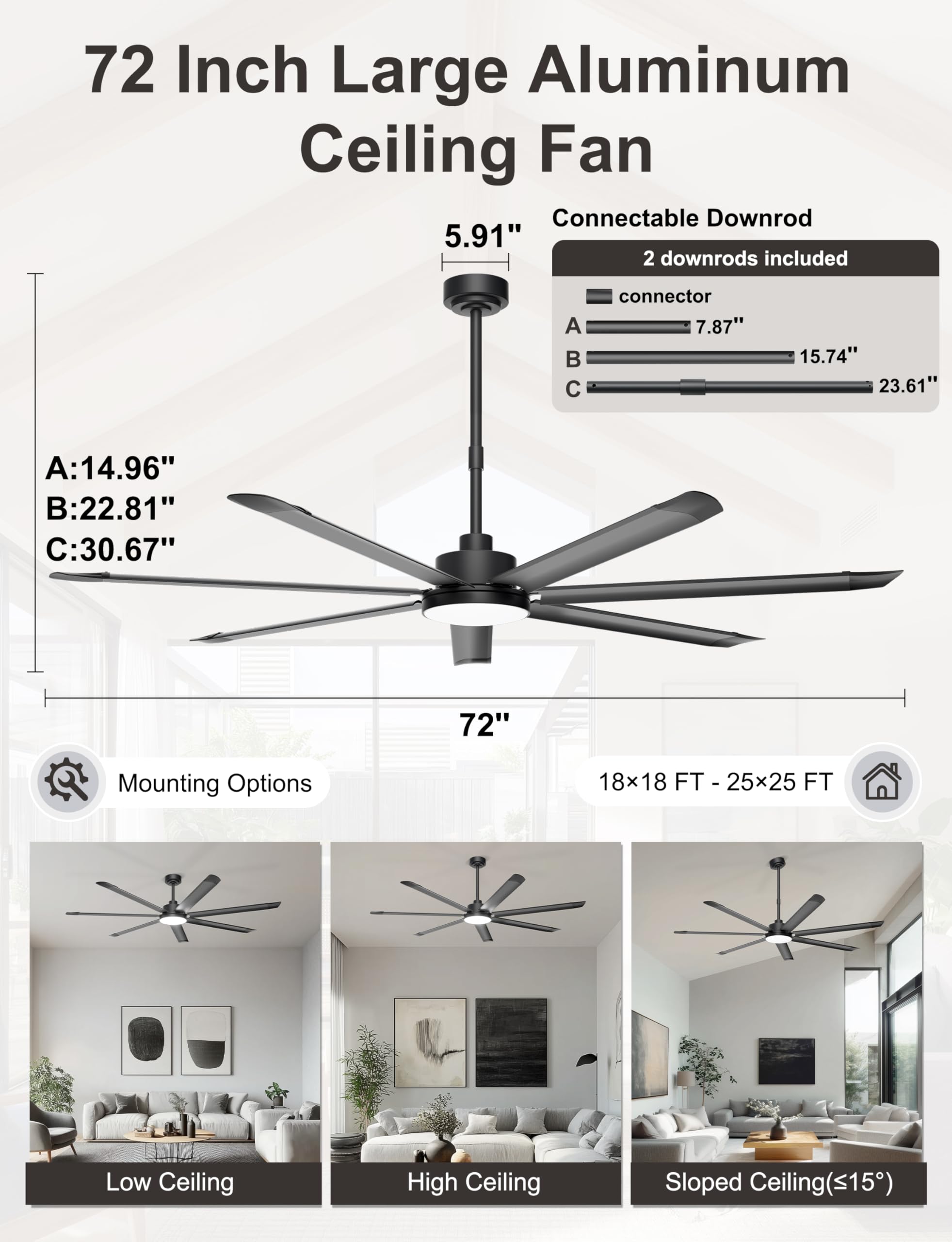 Ohniyou Ventilador de Techo de 182 cm con Luz, Ventiladores de Techo Industrial Grande con Control Remoto/APP, 7 Aspas de Aluminio, Motor DC Silencioso, Ventilador para Terraza Exterior, Garaje, Negro - 5