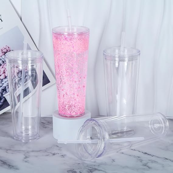 24 Oz Acrylic Snowglobe Tumbler, 6 Pack Pre-Drilled Double Wall Acrylic Clear Cup For Glitter Snow Globe Diy, Double Wall Snowglobe Cup