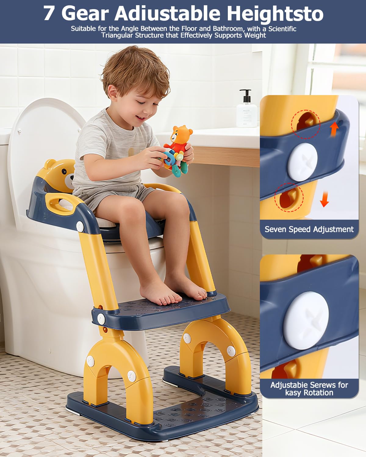 Siège de toilette pour enfant avec escalier - 2 en 1 - Avec siège rembourré - Hauteur réglable - Pliable - Marchepied antidérapant - Jaune