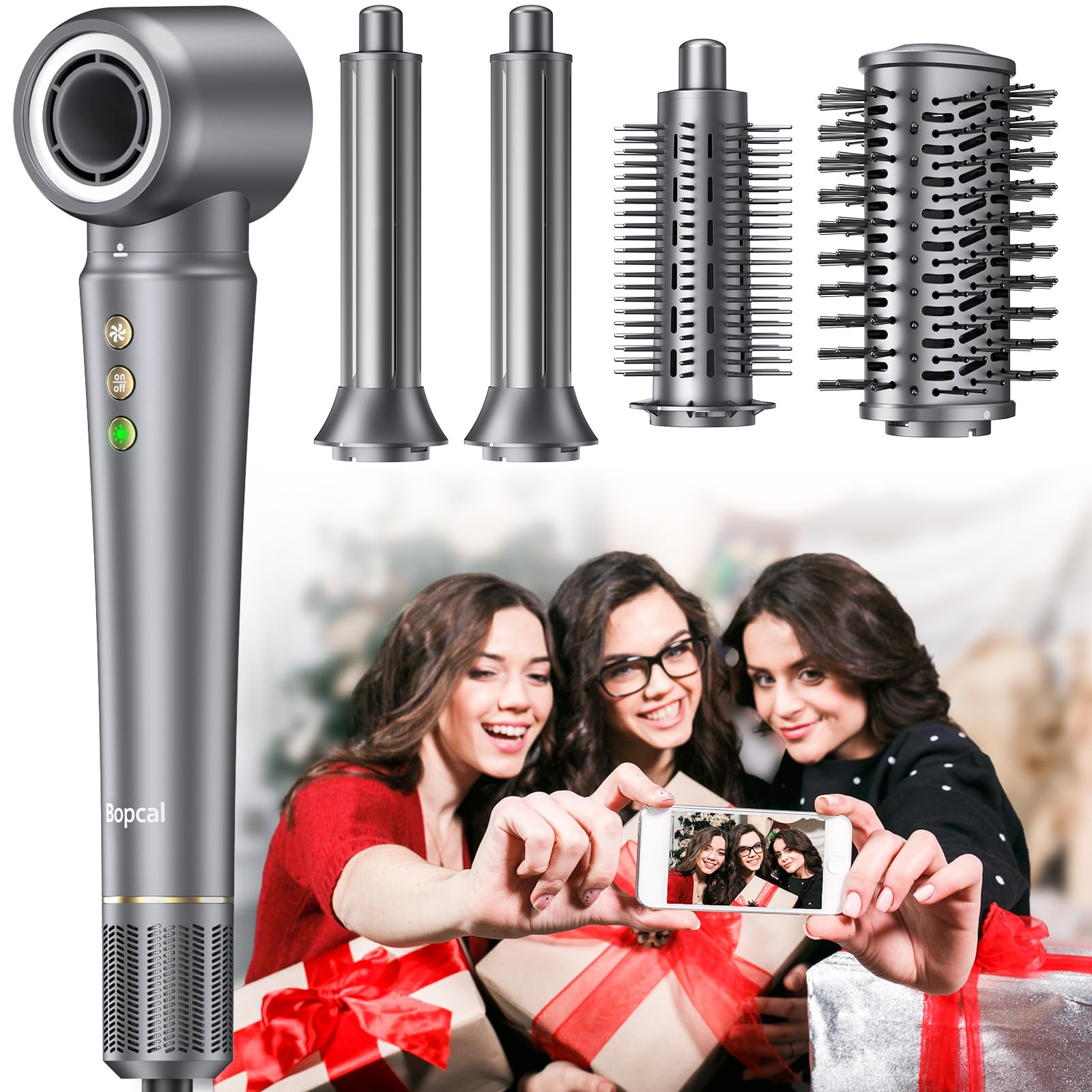 Bopcal 5 in 1 Airstyler, Professioneller Hairstyler Set, 160000 U/Min Ionen Föhn für Keine Hitzeschäden, Glänzendes Haar, Lockenstab Auto-Wrap, Volumen, Glätten für Stylen Sie Beach Wave
