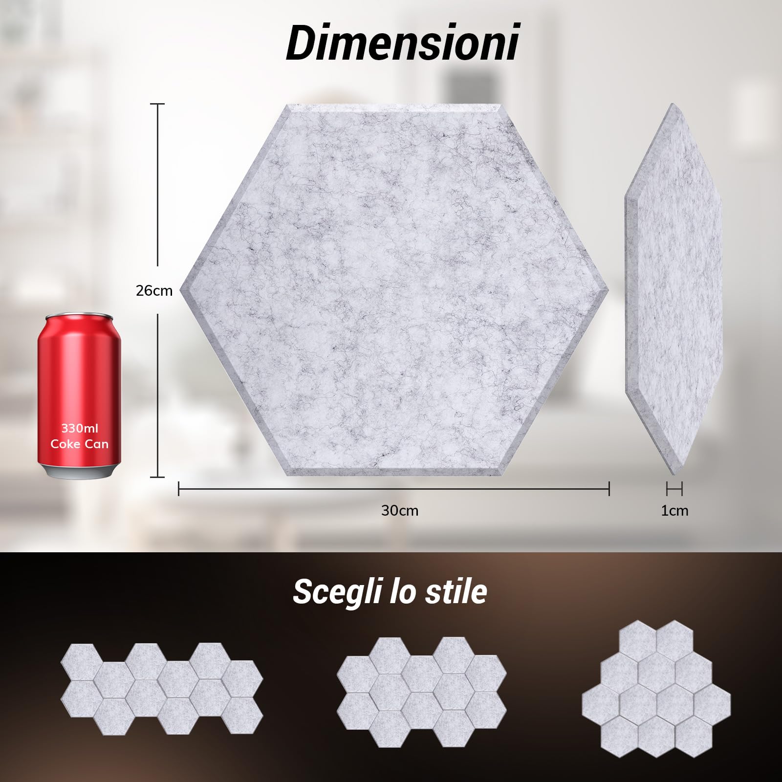 TONOR 48 Pezzi Pannelli Fonoassorbenti Adesivi, 30 X 26 X 1cm Pannelli Acustici Ad Alta Densità, Pannello a muro 3D Fonoassorbente Esagonale, Insonorizzazione Stanza Per Studio, Da Letto,Grigio Chiaro