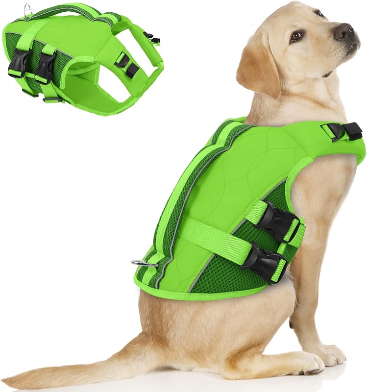 Colete salva-vidas para cães ASENKU com alta flutuabilidade, alça de resgate e faixas refletivas Verde XL
