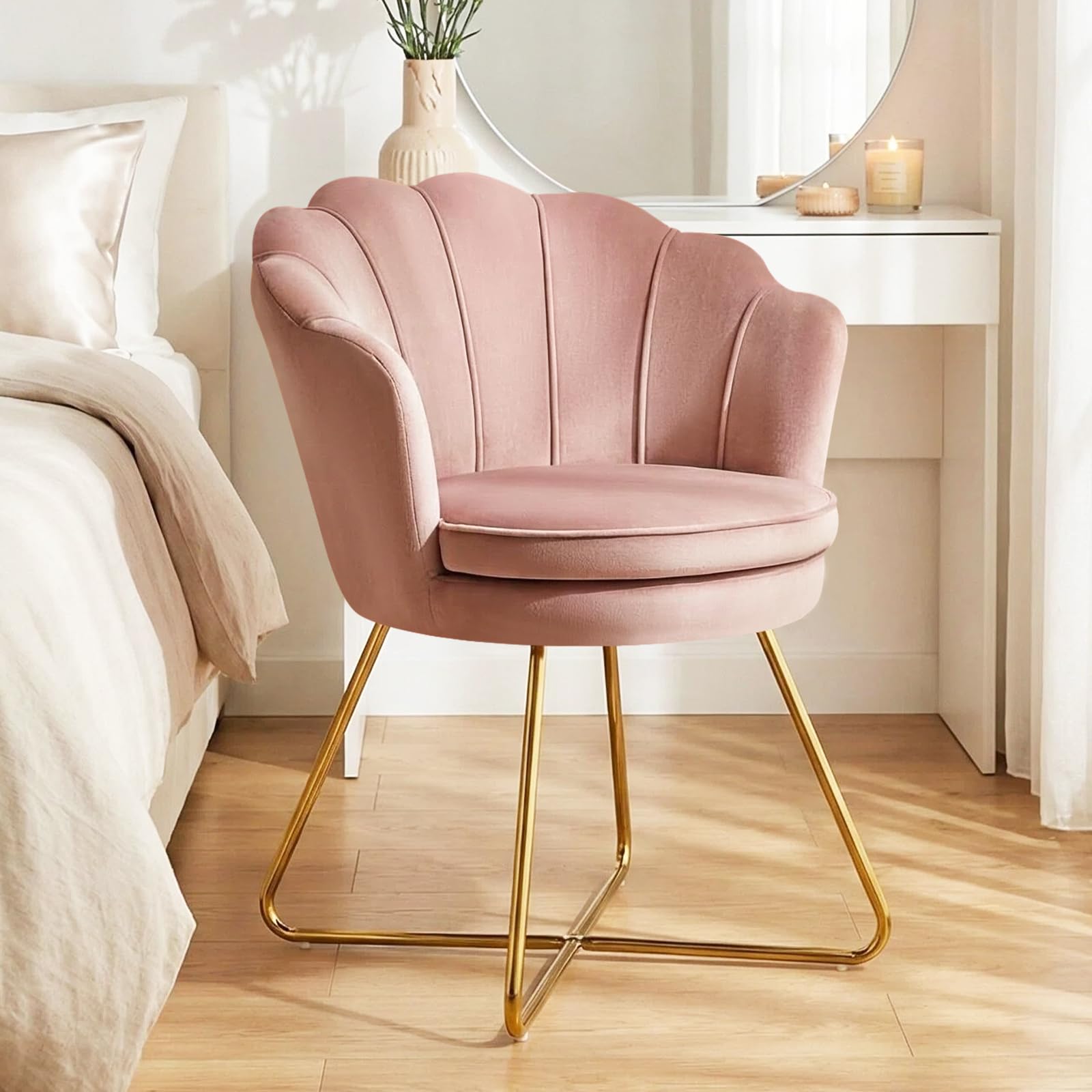 Hellove Chaise Coiffeuse Velours Doré | Fauteuil Salon Confortable, Chaise Coquillage Rose pâle avec Pieds Métal Or, Fauteuil Coiffeuse Idéale pour Salon, Chambre, Lecture, Tabouret Coiffeuse