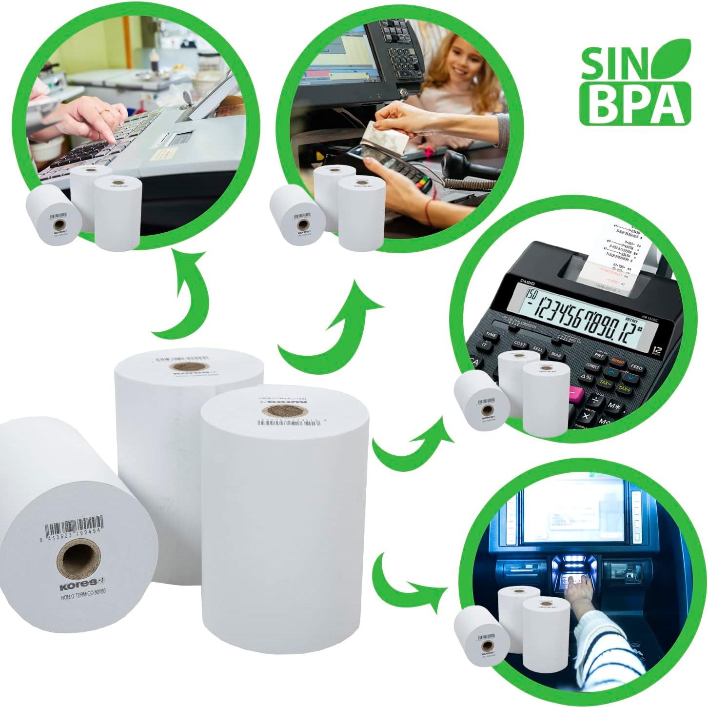 Kores | 8 Rolls of Thermal Paper | 80 x 60 x 12 mm | 41.5 Metres Length | BPA Free | Perfect for Cash Registers, POS, Cashiers, Calculators, Dataphonos