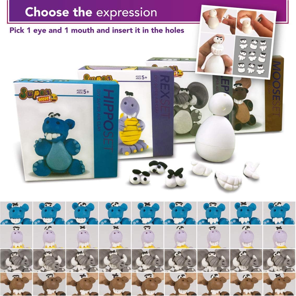 SUPER IDEAS Air Dry Clay Set – Soft Molding Clay for Kids & Teens, Easy to Assemble Toy, No Mess No Oven, Easy Sculpting Kit with Instructions - Plastic Base, Eyes and Mouths (Wild Friends Sets) : Toys & Games