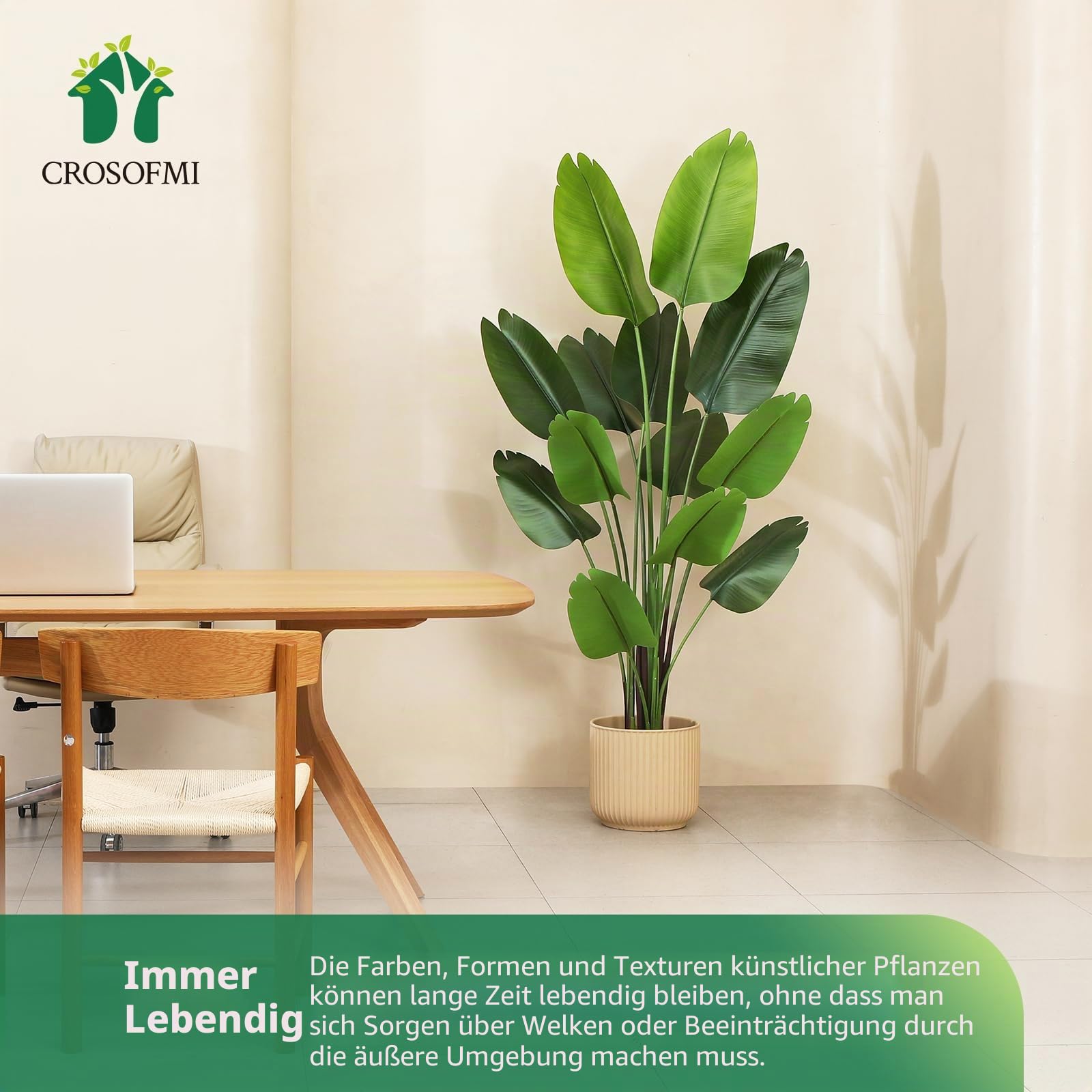 CROSOFMI Künstliche Paradiesvogel Pflanze 180cm künstliche Tropische Palme mit 13 Blättern perfekte künstliche Pflanzen im Topf für drinnen und draußen Haus Büro Garten Moderne Dekoration（1 Pack）
