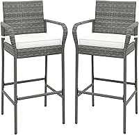 COSTWAY Wicker Bar Stools Set of 2 with Cushions, Armrests & Footrests - 30" Patio Bar Height Chairs, 400 lbs Outdoor Rattan for Backyard Deck Pool (Mix Grey)