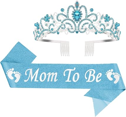 Mom to Be Baby Shower Decorations, Mommy to Be Crown and Satin Sash Set for Boys Blue
