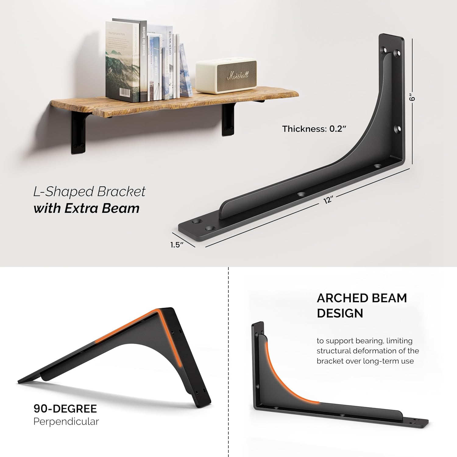 BATODA 12" x 6" L Bracket with Beam - Shelf Brackets Black 300 Lbs Capacity - Heavy Duty Shelving Brackets for Floating Shelves - Wall Mounted Support for DIY – Mounting Hardware Included (Pack 4)