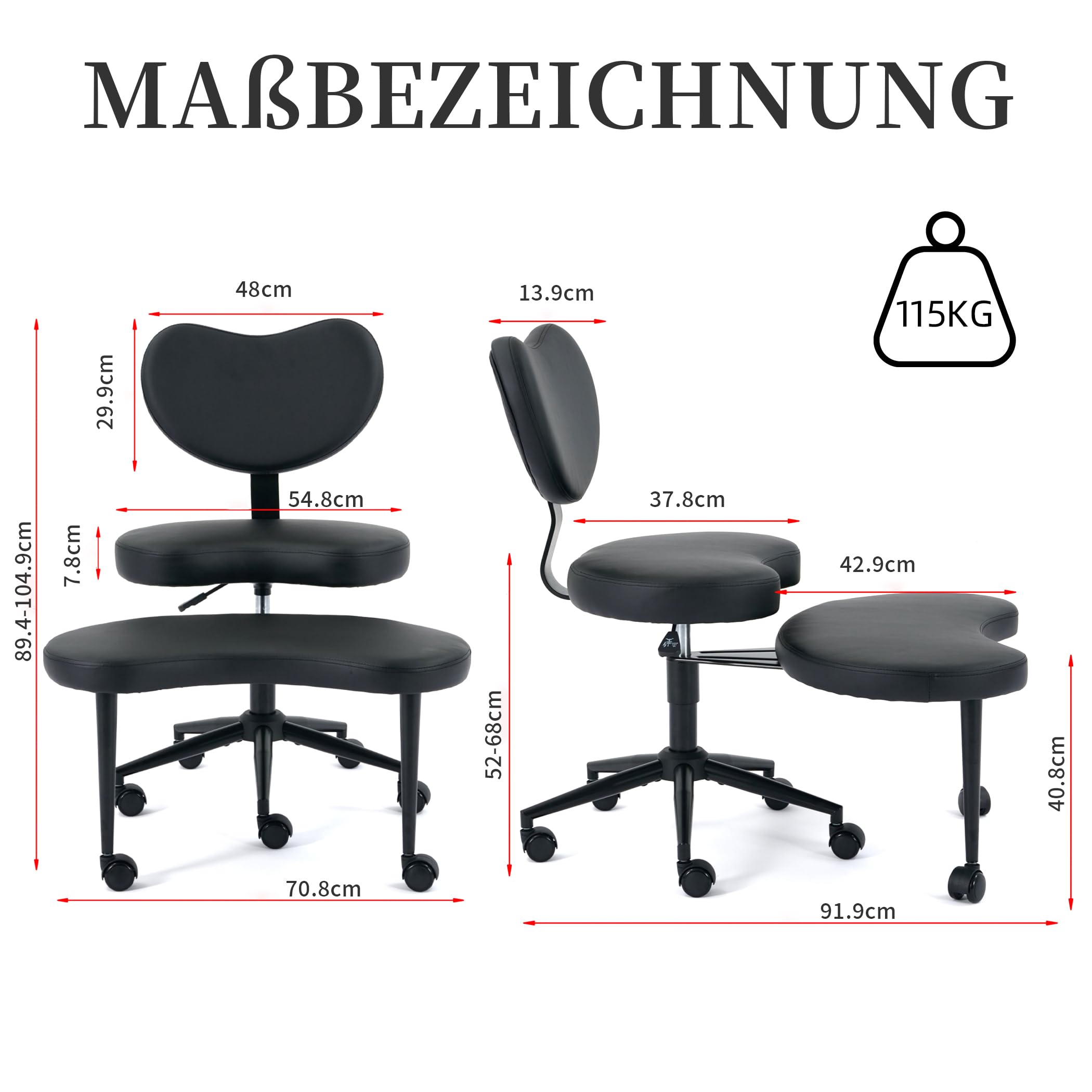 Sedia da meditazione al ginocchio, ergonomica, regolabile in altezza, con seduta girevole, in pelle PU, seduta curva, ideale per loto, sedile al ginocchio o posizione accovacciata (nero)