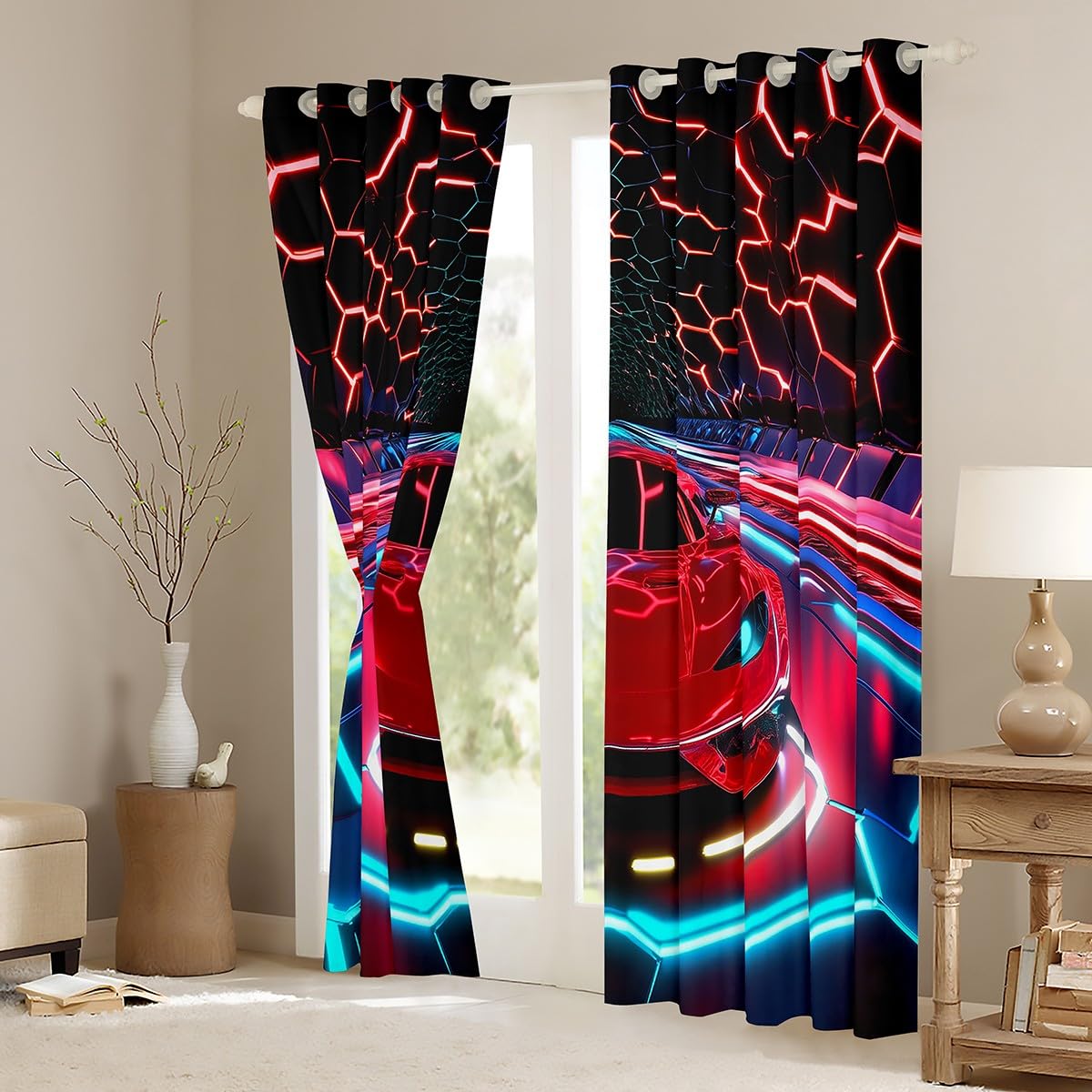 Homemissing Kids Race Car Curtains Red Black Sports Car Window Curtains for Bedroom Living Room for Extreme Sports Theme Window Drapes Speed Luxury Car 30%-50% Blackout Curtains,W46*L54,2 Panels - Image 3