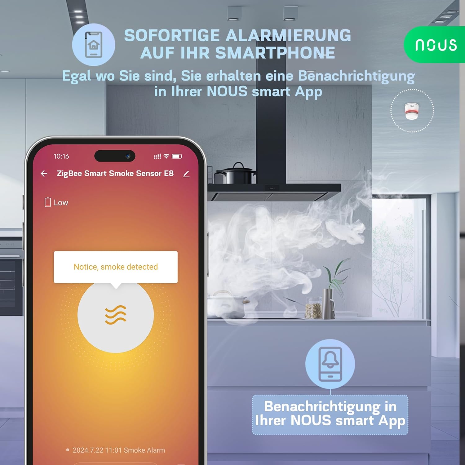Smartphone screen showing a smoke detected notification from the NOUS Smart App