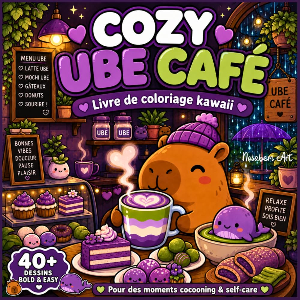 COZY UBE CAFÉ - Livre de coloriage kawaii: Dessins simples d'animaux mignons & nourriture cozy avec capybaras, matcha latte & douceurs | Style Bold & ... ados et enfants pour des moments cocooning