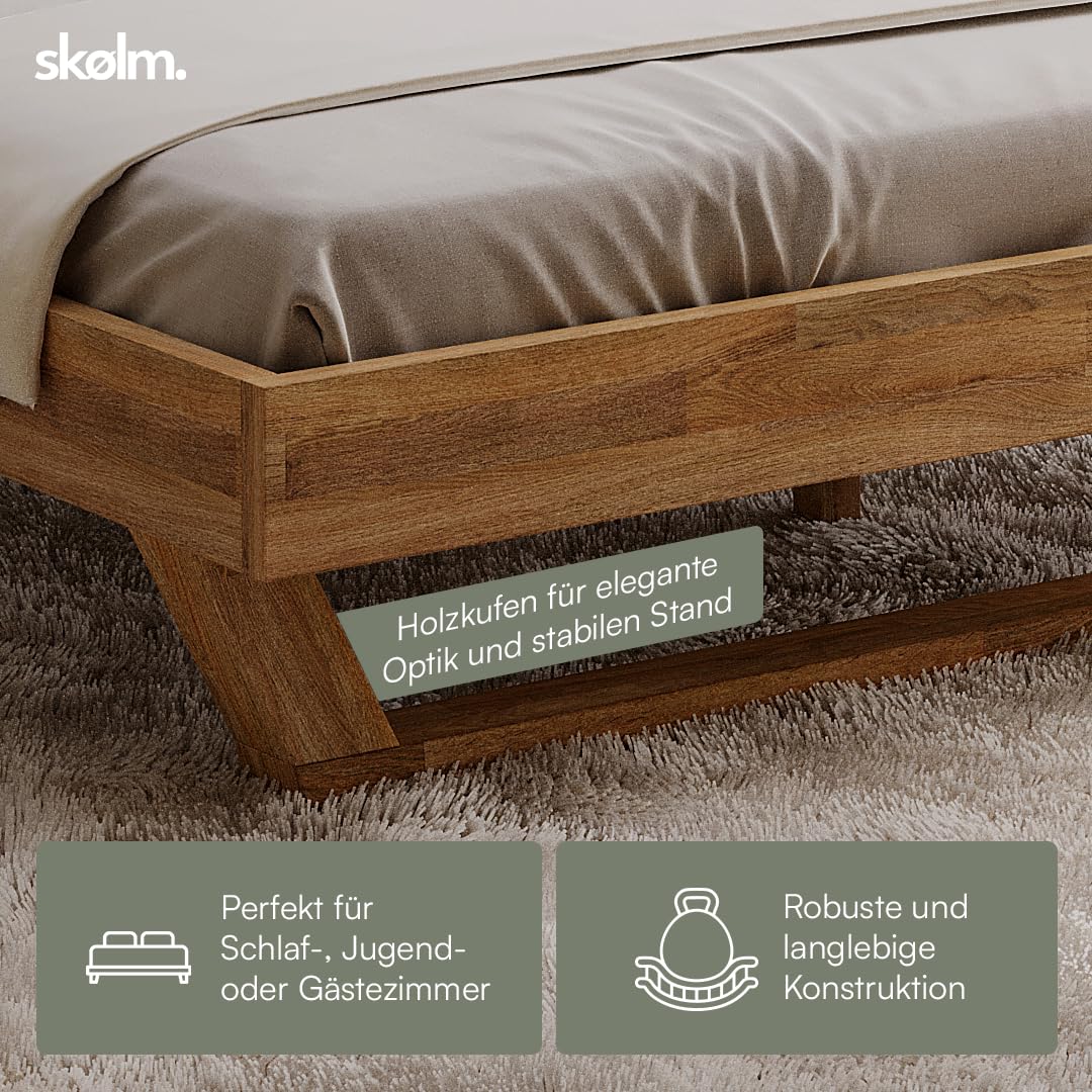 skølm Nornir Massivholzbett 140x200 cm – Bettrahmen aus Massivholz Eiche geölt – hochwertiges Holzbett mit Kufen Bettbeinen – Bettgestell ohne Bettkopf – geeignet als Doppelbett